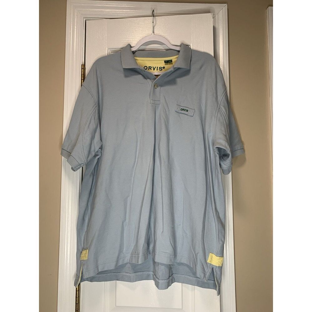 Orvis Heavy Cotton Fishing Polo Shirt Men's XL Blue Light Wash Short Sleeve Top
